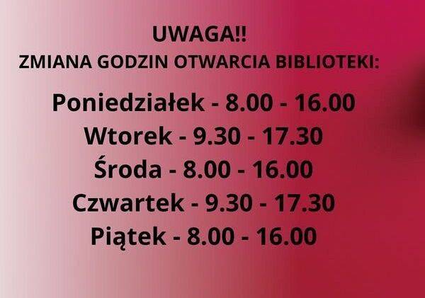 Grafika 1: Nowe godziny otwarcia Biblioteki Publicznej Gminy Wicko!